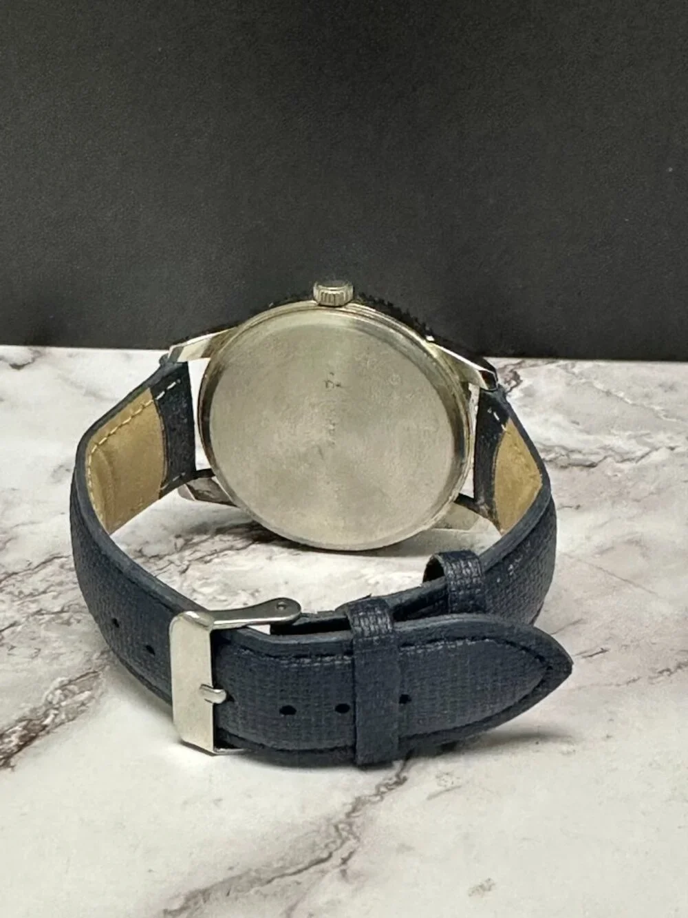 3/$30 Accutime Watch Men Silver Tone Blue Faux Leather Band 40MM Round